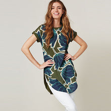 Load image into Gallery viewer, Khaki Green Floral Short Sleeve Longline Tunic - Allsport