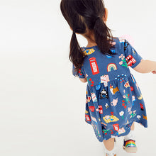 Load image into Gallery viewer, Blue Print Short Sleeve Dress (3mths-6yrs)