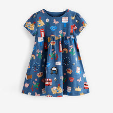 Load image into Gallery viewer, Blue Print Short Sleeve Dress (3mths-6yrs)