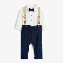 Load image into Gallery viewer, Navy/White Smart Baby 4 Piece Shirt Body, Bow Tie, Trousers And Braces Set (0mths-18mths)