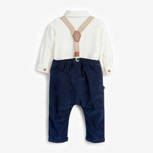 Load image into Gallery viewer, Navy/White Smart Baby 4 Piece Shirt Body, Bow Tie, Trousers And Braces Set (0mths-18mths)