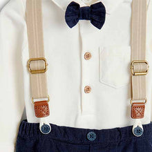 Load image into Gallery viewer, Navy/White Smart Baby 4 Piece Shirt Body, Bow Tie, Trousers And Braces Set (0mths-18mths)