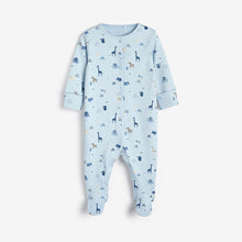Load image into Gallery viewer, 3 Pack Blue Safari Embroidered Baby Sleepsuits (0-18mths) - Allsport