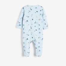 Load image into Gallery viewer, 3 Pack Blue Safari Embroidered Baby Sleepsuits (0-18mths) - Allsport