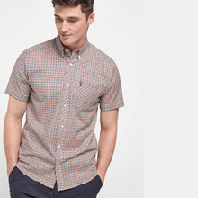 Load image into Gallery viewer, Rush/Navy Regular Fit Regular Fit Short Sleeve Gingham Stretch Oxford Shirt - Allsport