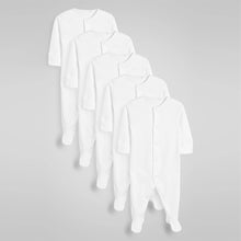 Load image into Gallery viewer, White 5 Pack Essentials Baby Sleepsuits (0-18mths)