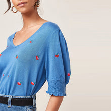 Load image into Gallery viewer, Blue Strawberry V-Neck Short Sleeve Top