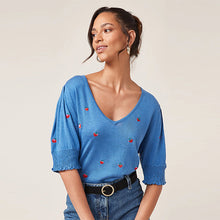 Load image into Gallery viewer, Blue Strawberry V-Neck Short Sleeve Top