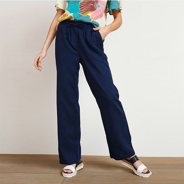 Navy Linen Blend Wide Leg Trousers