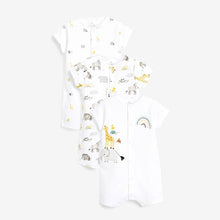 Load image into Gallery viewer, Ecru 3 Pack GOTS Organic Cotton Animal Rompers (up to 18 months)