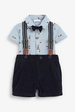 Load image into Gallery viewer, Navy Bear Print Shirt Body, Cord Shorts With Braces And Bow Tie (up to 18 months) - Allsport