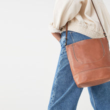 Load image into Gallery viewer, Tan Brown Leather Stitch Detail Bucket Bag