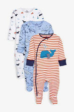 Load image into Gallery viewer, Blue 3 Pack Stripe Whale Sleepsuits (up to 18 months) - Allsport