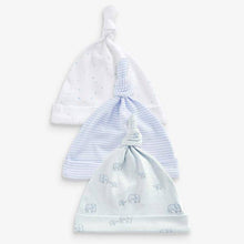 Load image into Gallery viewer, Blue 3 Pack Organic Cotton Elephant Tie Top Hats (0-6mths) - Allsport