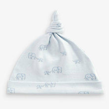 Load image into Gallery viewer, Blue 3 Pack Organic Cotton Elephant Tie Top Hats (0-6mths) - Allsport