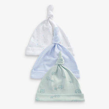 Load image into Gallery viewer, Blue 3 Pack Organic Cotton Elephant Tie Top Hats (0-6mths) - Allsport