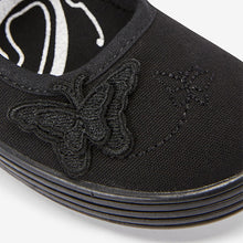 Load image into Gallery viewer, Black Butterfly Embroidered Plimsolls (Older Girls)