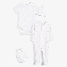 Load image into Gallery viewer, White Cotton Giraffe Sleepsuit, Bodysuit, Bib & Hat Set (0-3mths) - Allsport
