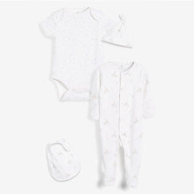 Load image into Gallery viewer, White Cotton Giraffe Sleepsuit, Bodysuit, Bib & Hat Set (0-6mths) - Allsport