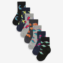 Load image into Gallery viewer, 7 Pack Black Dino Cotton Rich Socks (Younger Boys)