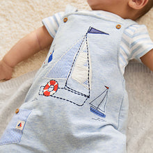 Load image into Gallery viewer, Blue Applique Boat Baby Jersey Dungarees And Bodysuit Set (0mths-18mths)