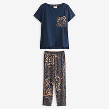Load image into Gallery viewer, Navy Blue Animal Print Cotton Short Sleeve Pyjamas