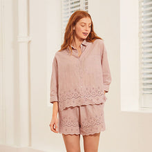 Load image into Gallery viewer, Lilac Cotton Broderie Button Through Pyjama Short Set
