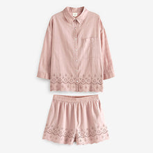 Load image into Gallery viewer, Lilac Cotton Broderie Button Through Pyjama Short Set