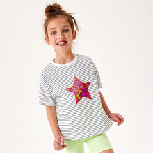 Load image into Gallery viewer, White Stripe Flippy Sequin Star T-Shirt (3-12yrs)