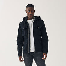 Load image into Gallery viewer, Black Cotton Shacket With Detachable Jersey Hood