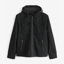 Load image into Gallery viewer, Black Cotton Shacket With Detachable Jersey Hood