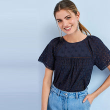 Load image into Gallery viewer, Navy Broderie Short Sleeve T-Shirt