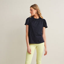 Load image into Gallery viewer, Navy Blue White Spot Smock Neck Short Sleeve Top