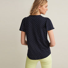 Load image into Gallery viewer, Navy Blue White Spot Smock Neck Short Sleeve Top