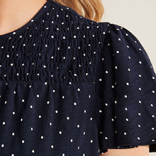 Load image into Gallery viewer, Navy Blue White Spot Smock Neck Short Sleeve Top