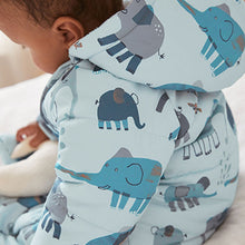 Load image into Gallery viewer, Blue Elephant Print Baby All-In-One Pramsuit (0mths-18mths)