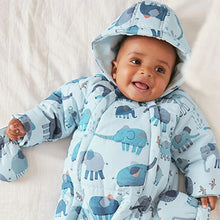 Load image into Gallery viewer, Blue Elephant Print Baby All-In-One Pramsuit (0mths-18mths)