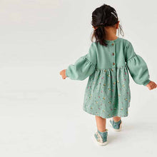 Load image into Gallery viewer, Mint Green Ditsy Cord Printed Raglan Dress (3mths-6yrs)