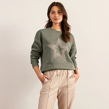 Load image into Gallery viewer, Khaki Green Stitch Star Graphic Sweatshirt