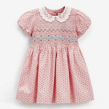 Load image into Gallery viewer, Pink Geo Lace Collar Shirred Cotton Dress (3mths-6yrs)