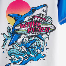 Load image into Gallery viewer, Blue Shark Short Sleeve Sunsafe Rash Vest (3-12yrs)