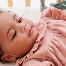 Load image into Gallery viewer, Pink Frill Baby Velour Sleepsuit (first size-18mths)