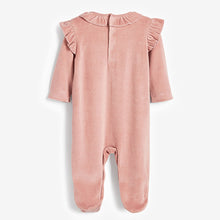 Load image into Gallery viewer, Pink Frill Baby Velour Sleepsuit (first size-18mths)
