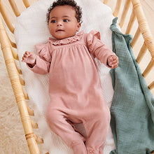 Load image into Gallery viewer, Pink Frill Baby Velour Sleepsuit (first size-18mths)