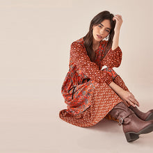 Load image into Gallery viewer, Red Mix Print Long Sleeve V-Neck Dress