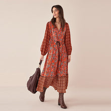 Load image into Gallery viewer, Red Mix Print Long Sleeve V-Neck Dress