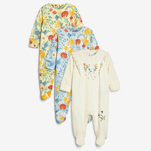 Load image into Gallery viewer, Yellow/White 3 Pack Floral Baby Sleepsuits (0mths-18mths)