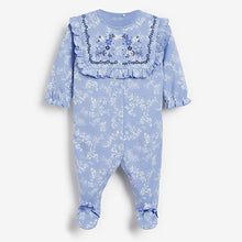 Load image into Gallery viewer, Blue Frill 3 Pack Embroidered Detail Baby Sleepsuits (0-18mths)