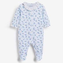 Load image into Gallery viewer, Blue Frill 3 Pack Embroidered Detail Baby Sleepsuits (0-18mths)