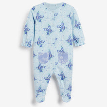 Load image into Gallery viewer, Blue Frill 3 Pack Embroidered Detail Baby Sleepsuits (0-18mths)
